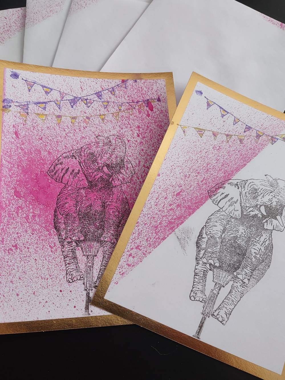 Pink Elephant Print Home Art with Gold Border